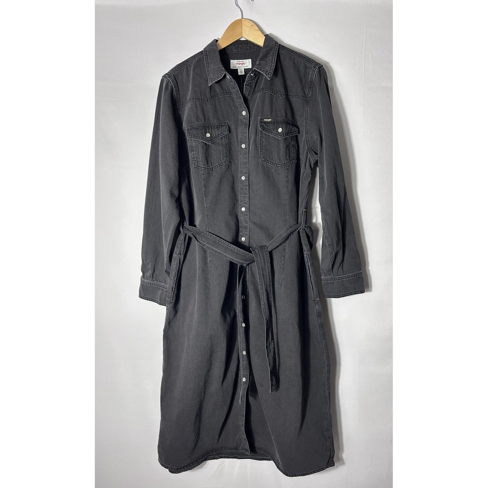 Wrangler Shirt Dress Womens Large Gray Denim Snap Front Belted Western Midi